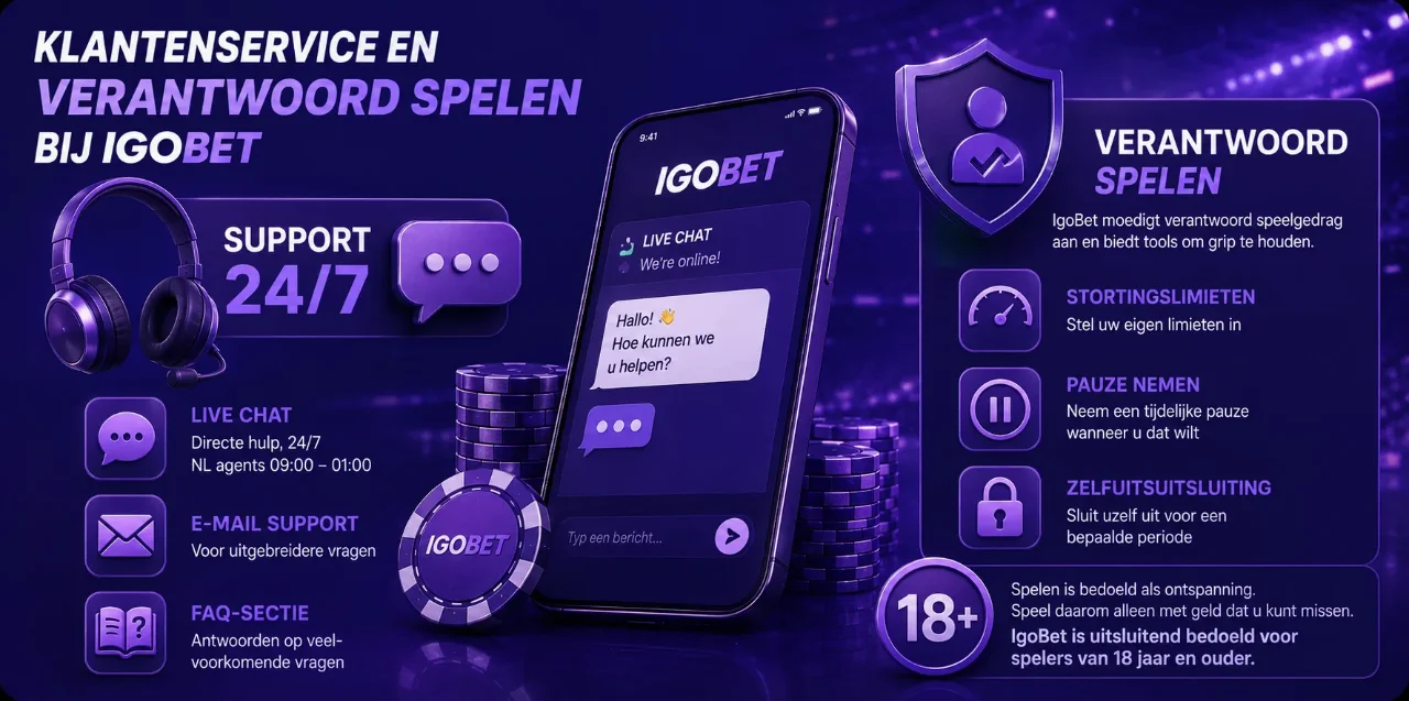 Live chat support en verantwoord spelen tools met 18-plus icoon bij IgoBet